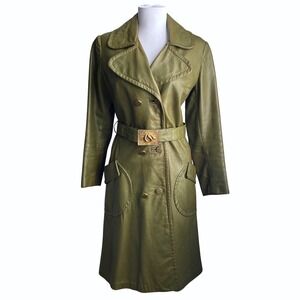 VTG 70s Olive Green Leather Trench Coat SZ S Snake Buckle Belted Double Breasted